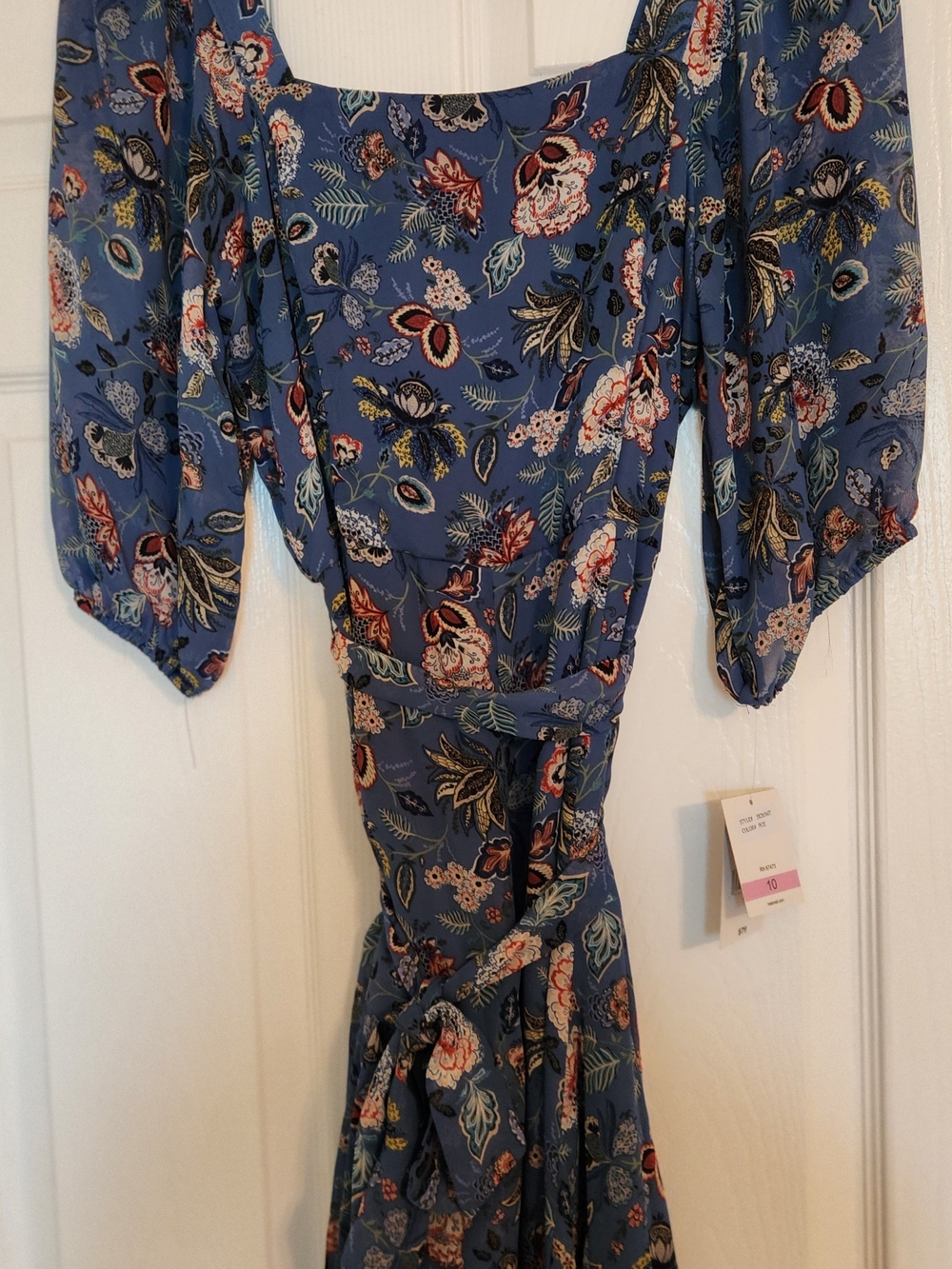 Floral Square-Neck Wrap Dress in Slate Blue